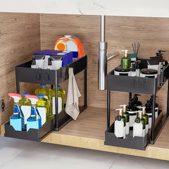 2pcs 2 Tier Sliding Cabinet Basket Organizer Under Sink Bathroom Kitchen Hooks