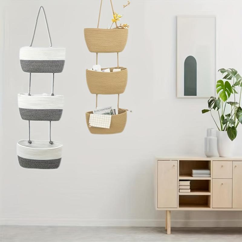 Bohemian Style 3 Layer Rope Hanging Basket For Kitchen Living Room Bedroom
