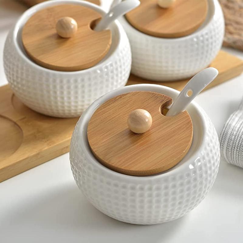 Golf Ceramic Spice Jar Set with Bamboo Stand & Spoon