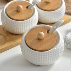 Golf Ceramic Spice Jar Set with Bamboo Stand & Spoon