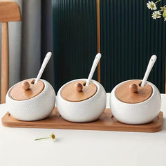 Golf Ceramic Spice Jar Set with Bamboo Stand & Spoon