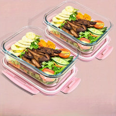 3pcs Pink Microwave Glass Lunch Box Fresh keeping Separated Lunch Box For Teens