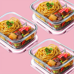 3pcs Pink Microwave Glass Lunch Box Fresh keeping Separated Lunch Box For Teens