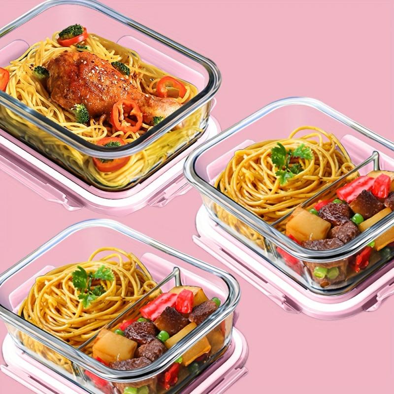 3pcs Pink Microwave Glass Lunch Box Fresh keeping Separated Lunch Box For Teens