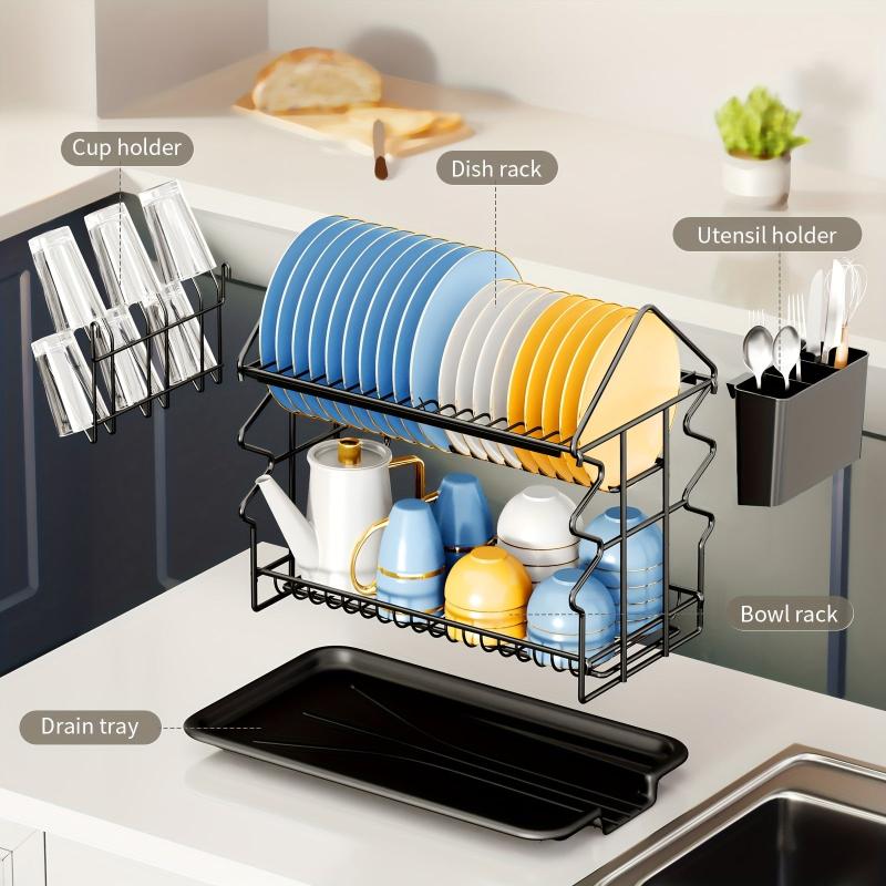 2 Tier Dish Rack with Utensil Holder, Cup Holder, Drainboard