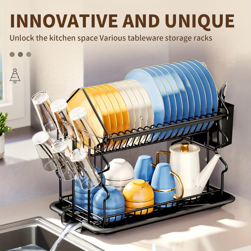 2 Tier Dish Rack with Utensil Holder, Cup Holder, Drainboard