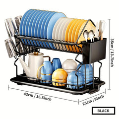 2 Tier Dish Rack with Utensil Holder, Cup Holder, Drainboard