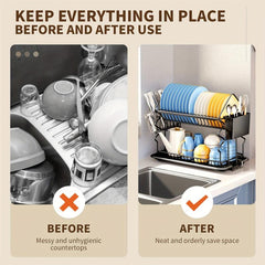 2 Tier Dish Rack with Utensil Holder, Cup Holder, Drainboard
