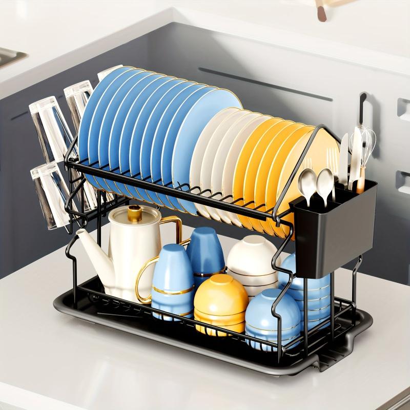 2 Tier Dish Rack with Utensil Holder, Cup Holder, Drainboard