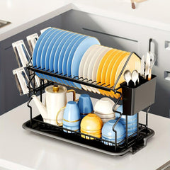 2 Tier Dish Rack with Utensil Holder, Cup Holder, Drainboard