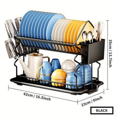 2 Tier Dish Rack with Utensil Holder, Cup Holder, Drainboard