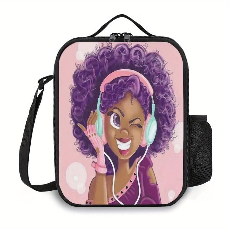 African American Girls Bento Bag Ice Pack Waterproof Lunch Box Bag
