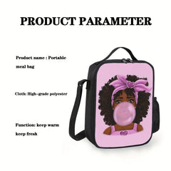 African American Girls Bento Bag Ice Pack Waterproof Lunch Box Bag