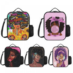 African American Girls Bento Bag Ice Pack Waterproof Lunch Box Bag