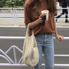 Mesh Grocery Bag Reusable Produce Tote Boho Hand Woven Bag