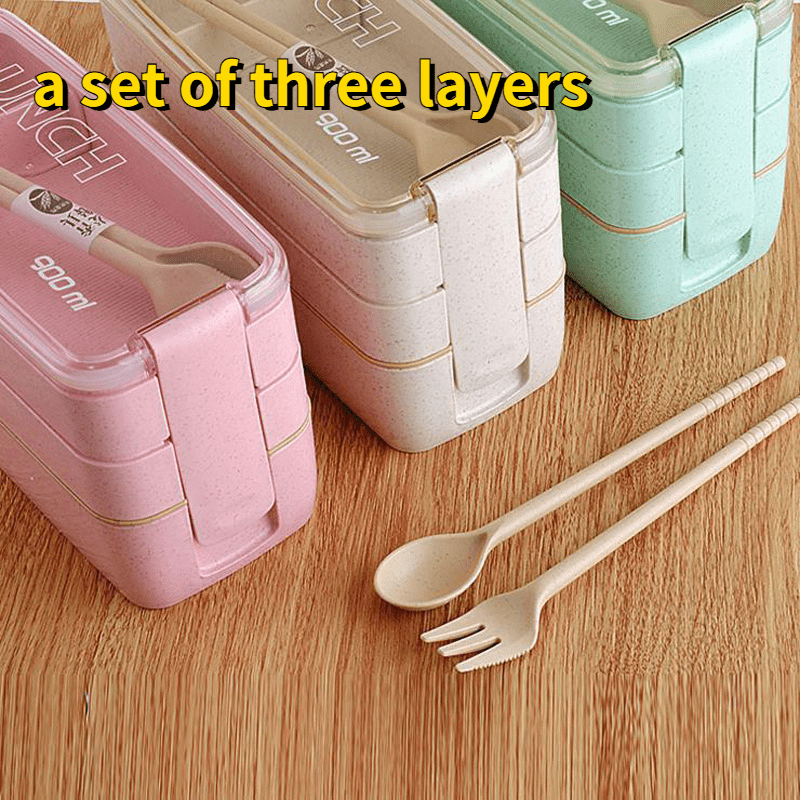 Portable 3 Layer Japanese Lunch Box with Utensils
