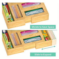 Bamboo Kitchen Drawer Rack & Food Bag Dispenser