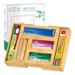 Bamboo Kitchen Drawer Rack & Food Bag Dispenser