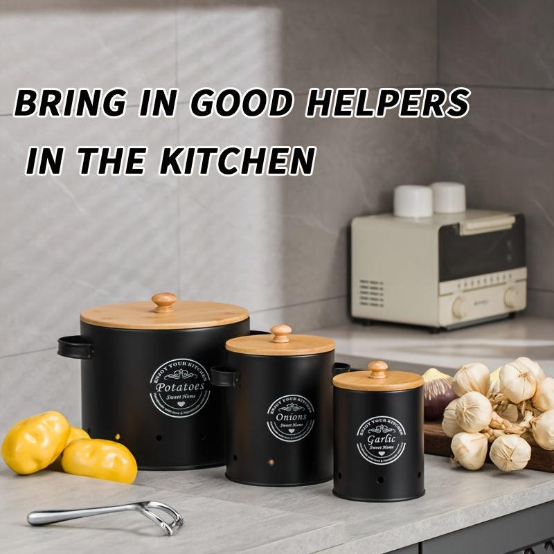 3pcs Set Metal Veg Storage Jar Wooden Lid Kitchen Bucket