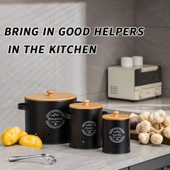 3pcs Set Metal Veg Storage Jar Wooden Lid Kitchen Bucket