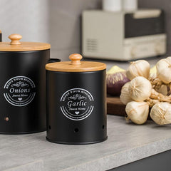 3pcs Set Metal Veg Storage Jar Wooden Lid Kitchen Bucket