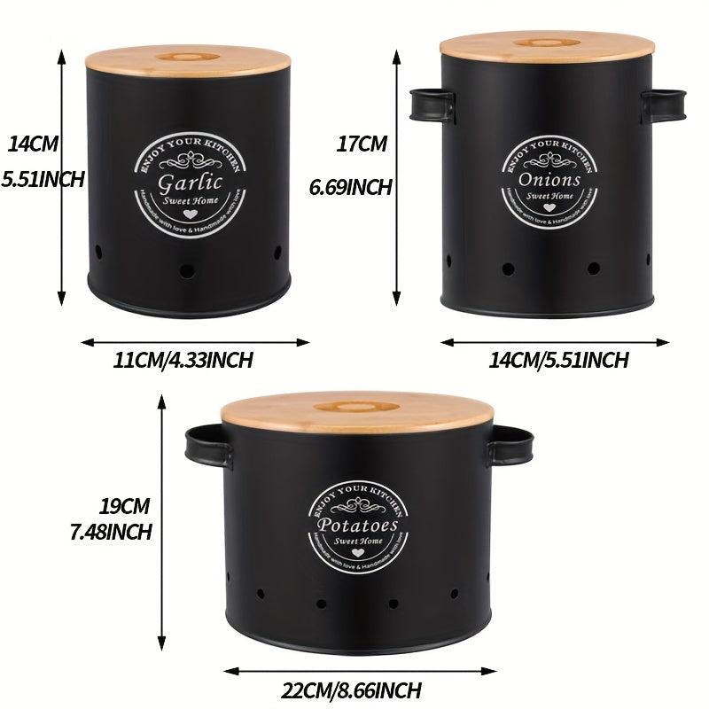 3pcs Set Metal Veg Storage Jar Wooden Lid Kitchen Bucket