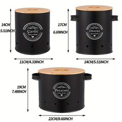 3pcs Set Metal Veg Storage Jar Wooden Lid Kitchen Bucket