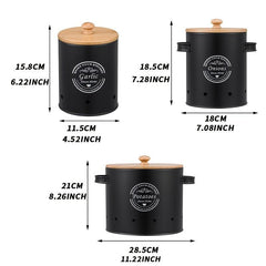 3pcs Set Metal Veg Storage Jar Wooden Lid Kitchen Bucket