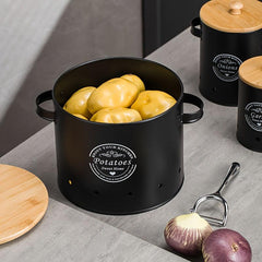 3pcs Set Metal Veg Storage Jar Wooden Lid Kitchen Bucket