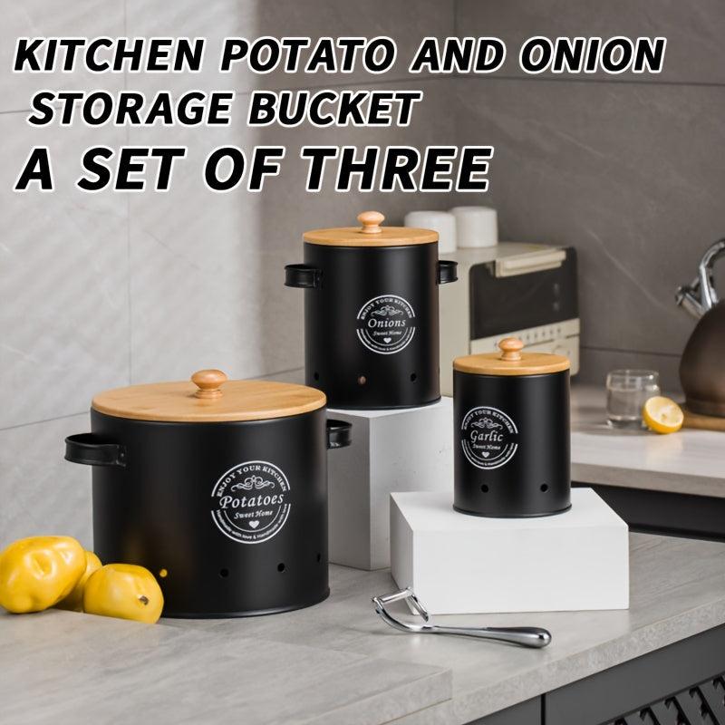 3pcs Set Metal Veg Storage Jar Wooden Lid Kitchen Bucket