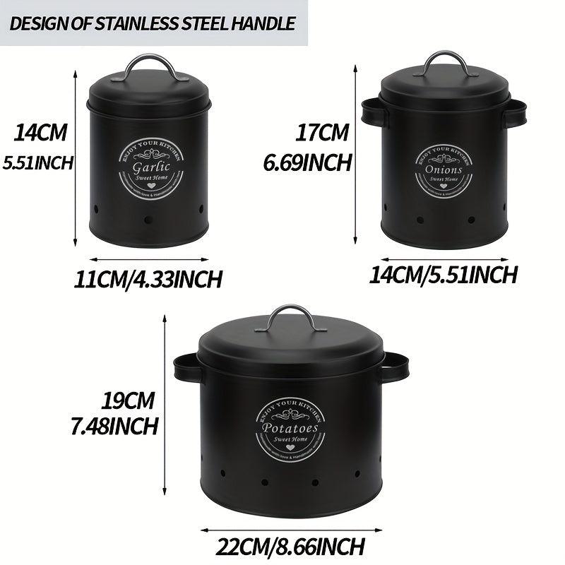 3pcs Set Metal Veg Storage Jar Wooden Lid Kitchen Bucket