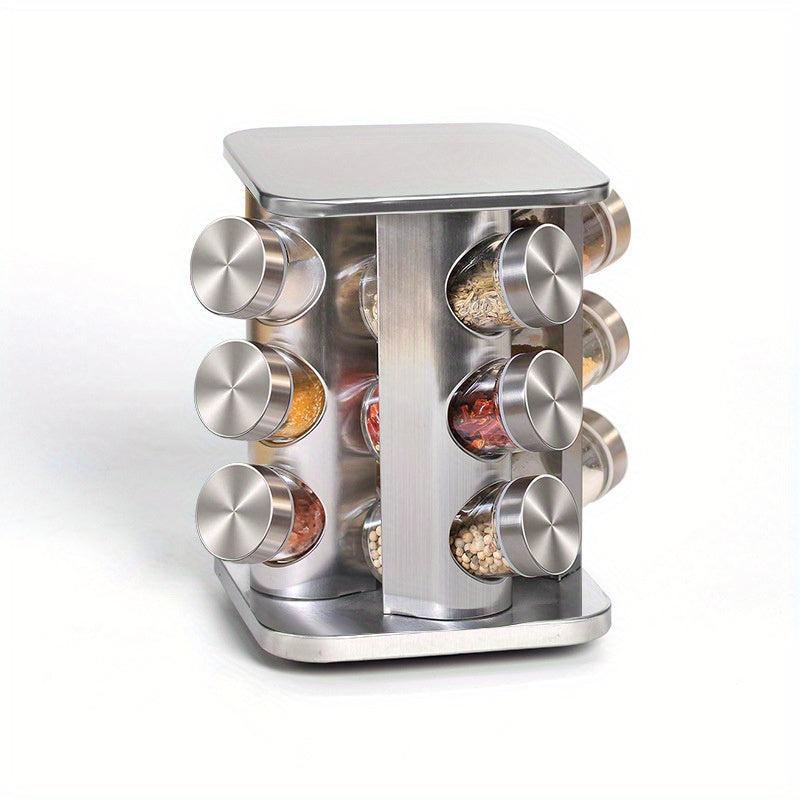 Revolving Spice Rack Organizer with 12 Glass Jars - Stainless Steel Finish