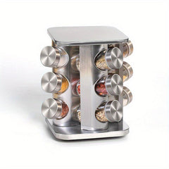 Revolving Spice Rack Organizer with 12 Glass Jars - Stainless Steel Finish