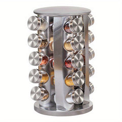 Revolving Spice Rack Organizer with 12 Glass Jars - Stainless Steel Finish