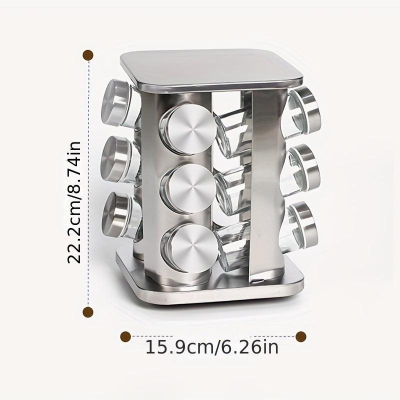 Revolving Spice Rack Organizer with 12 Glass Jars - Stainless Steel Finish