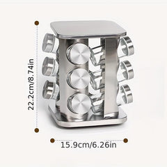Revolving Spice Rack Organizer with 12 Glass Jars - Stainless Steel Finish