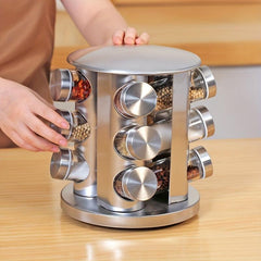 Revolving Spice Rack Organizer with 12 Glass Jars - Stainless Steel Finish