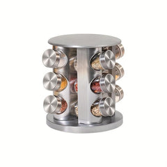Revolving Spice Rack Organizer with 12 Glass Jars - Stainless Steel Finish