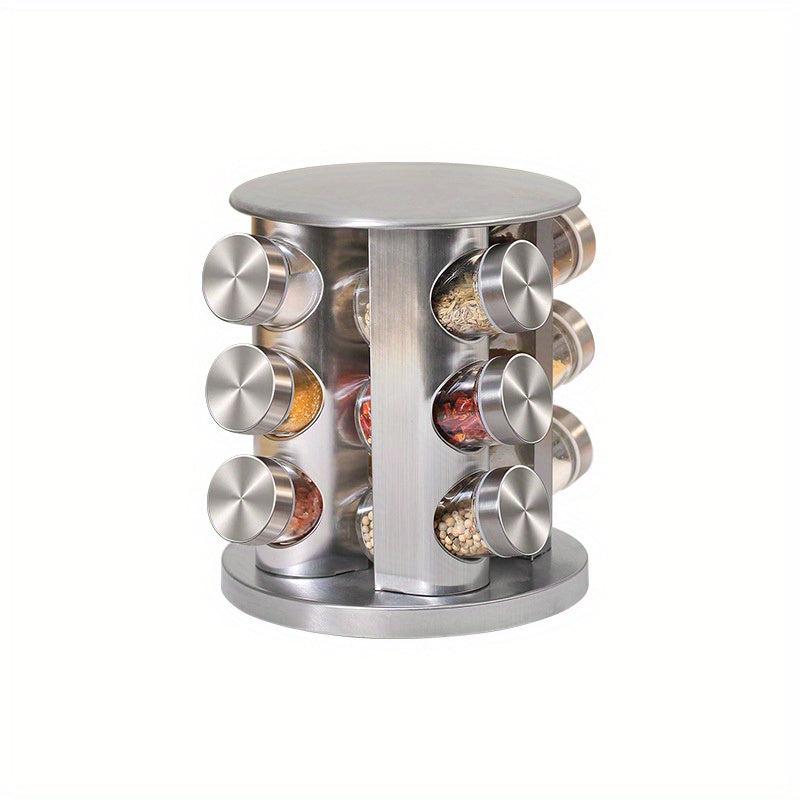 Revolving Spice Rack Organizer with 12 Glass Jars - Stainless Steel Finish