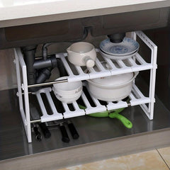 Stainless Steel Retractable Sink Shelf Double Decker Cabinet for Dish Storage