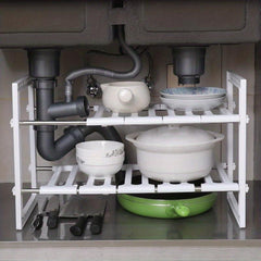Stainless Steel Retractable Sink Shelf Double Decker Cabinet for Dish Storage