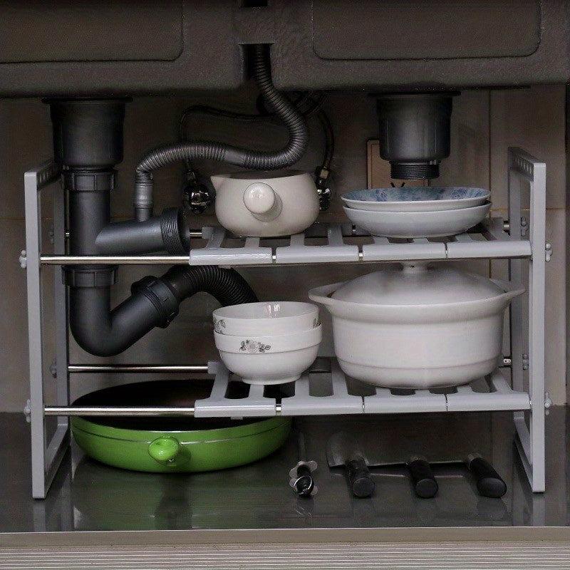 Stainless Steel Retractable Sink Shelf Double Decker Cabinet for Dish Storage