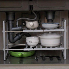 Stainless Steel Retractable Sink Shelf Double Decker Cabinet for Dish Storage