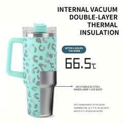40oz Holographic Leopard Tumbler Insulated Cup with Handle & Straw
