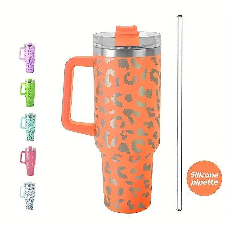 40oz Holographic Leopard Tumbler Insulated Cup with Handle & Straw