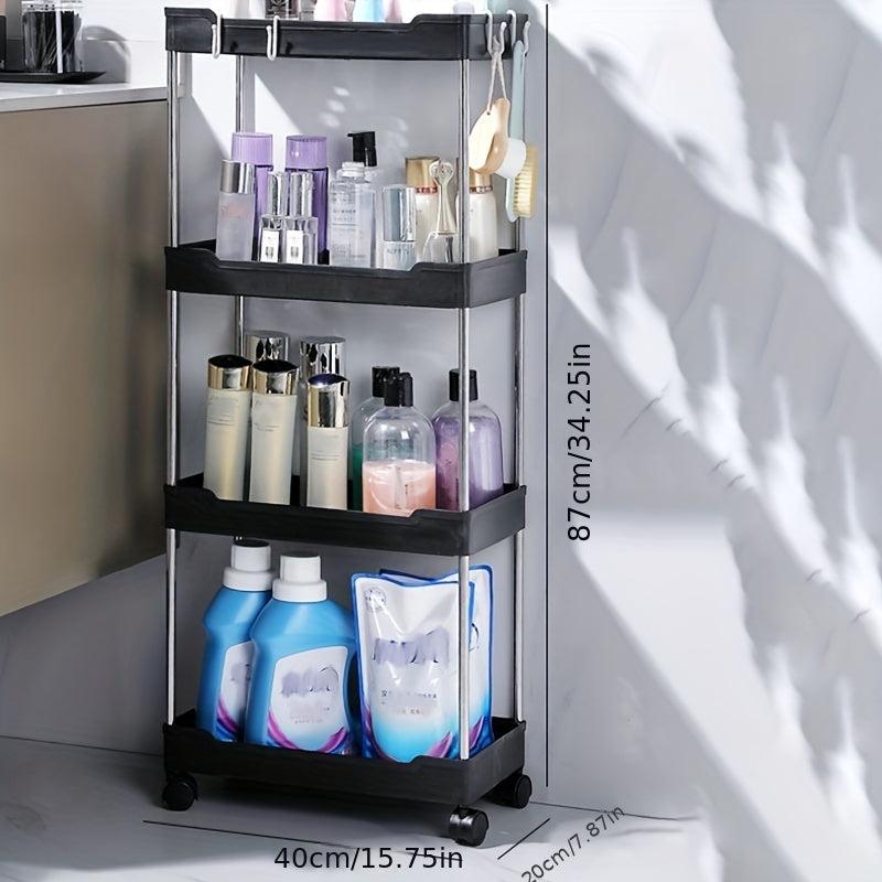 3 Tier Rolling Storage Cart with Slide Out Trays, Hooks - Kitchen Organizer
