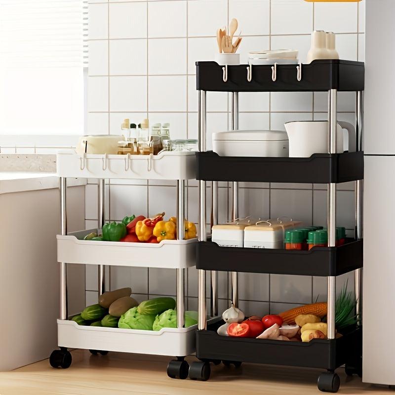 3 Tier Rolling Storage Cart with Slide Out Trays, Hooks - Kitchen Organizer