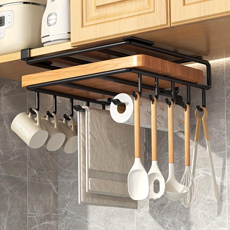 Stainless Steel Kitchen Storage Rack with Hooks and Paper Towel Holder