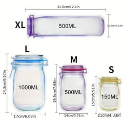 Mason Jar Shaped Ziplock Bags for Food Storage Snacks Leakproof Fresh