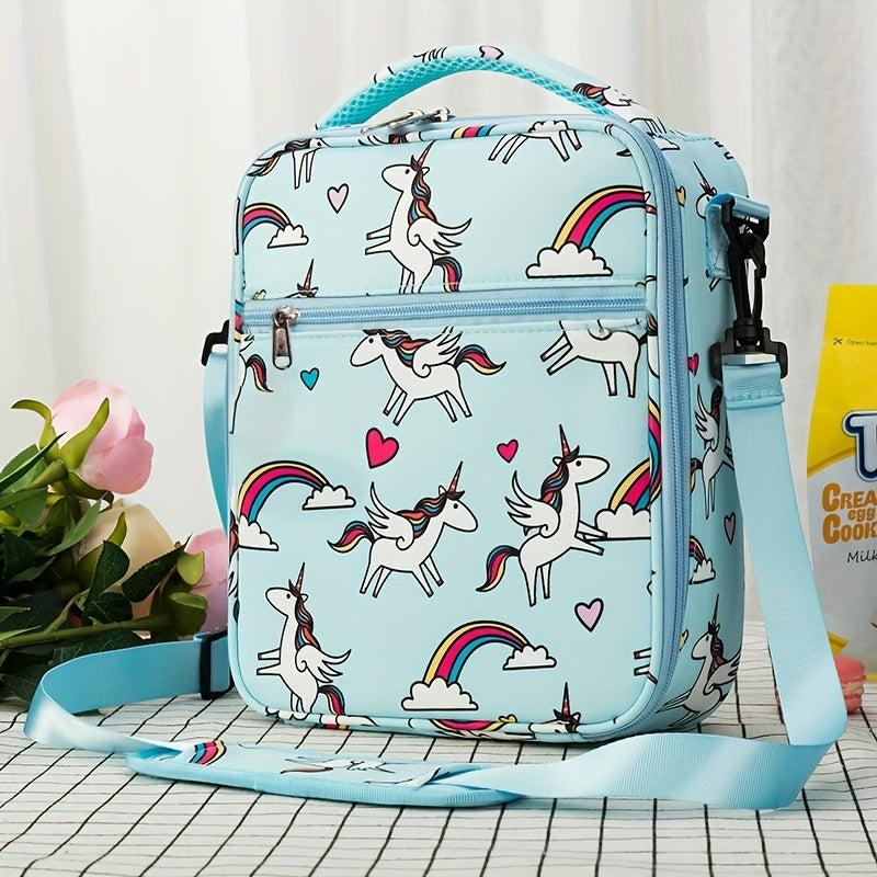 Unicorn Printed Insulated Lunch Bag Waterproof Liner Zippered Pockets